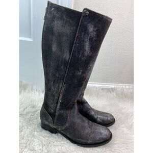 Frye Melissa Stud Women 6.5 Brown Leather Silver Sparkle Back‎ Zip Riding Boots*